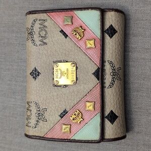 Authentic MCM Visetos Trifold Beige and Pink Leather Wallet with COA